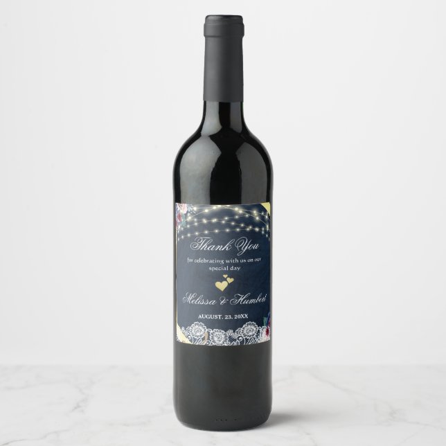 Rustic Blue Lace String Lights Thank You Wedding Wine Label (Front)