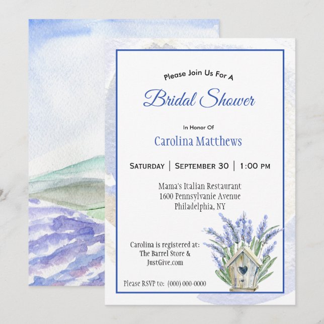Rustic Blue Lavender Birdhouse Bridal Shower Invitation (Front/Back)