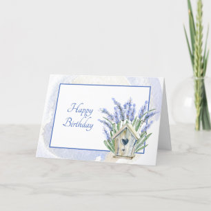 Rustic Blue Lavender Birdhouse Floral Birthday Card