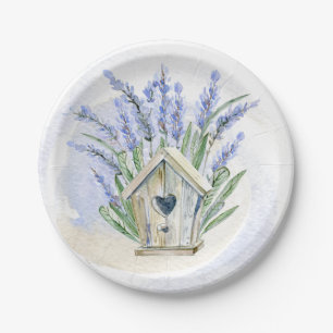 Rustic Blue Lavender Birdhouse Floral Paper Plate