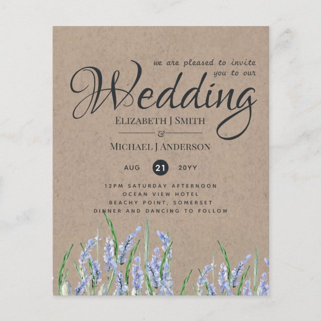 Rustic Blue Lavender Wedding Invites Budget (Front)