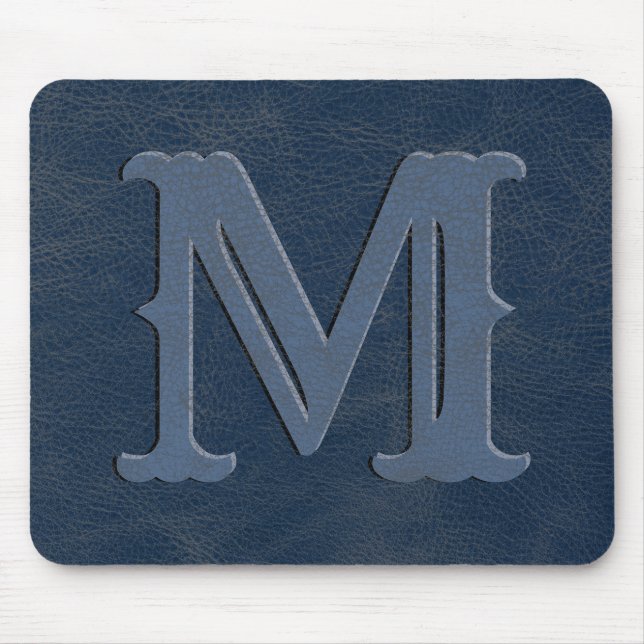 Rustic Blue Leather Texture Monogram Initial Mouse Pad (Front)