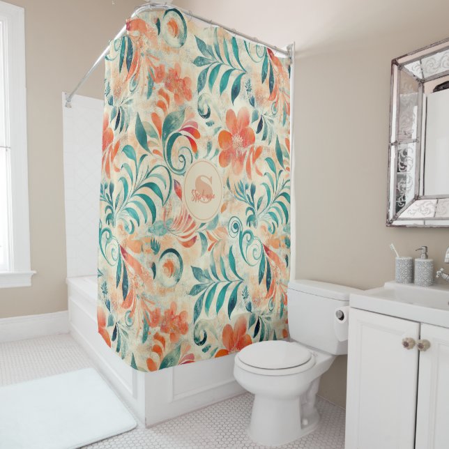 Rustic Blue Leaves and Red-Orange Floral Pattern (In Situ)