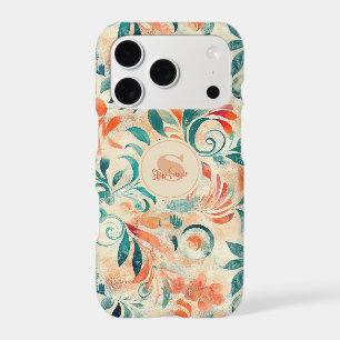 Rustic Blue Leaves and Red-Orange Floral Pattern