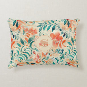 Rustic Blue Leaves and Red-Orange Floral Pattern Accent Pillow
