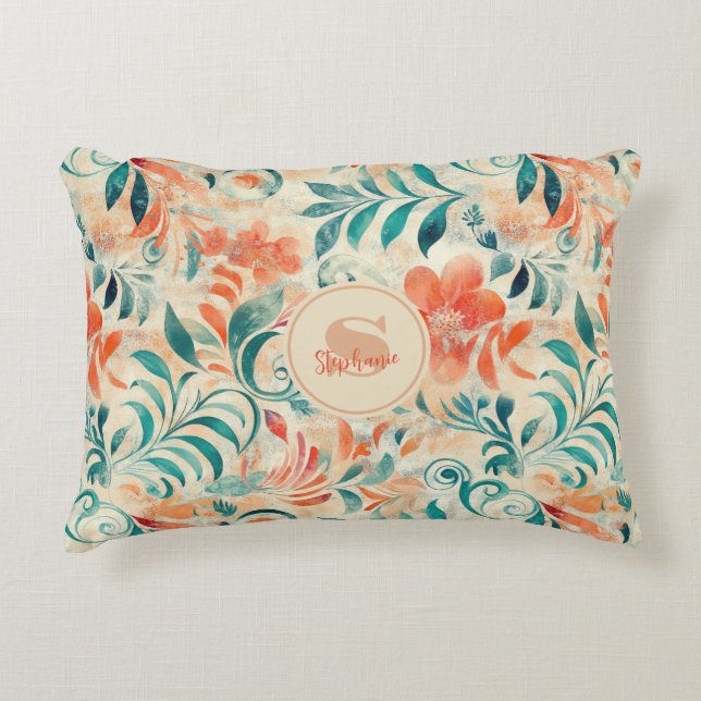 Rustic Blue Leaves and Red-Orange Floral Pattern Accent Pillow (Front)