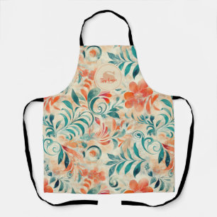 Rustic Blue Leaves and Red-Orange Floral Pattern Apron