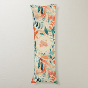 Rustic Blue Leaves and Red-Orange Floral Pattern Body Pillow