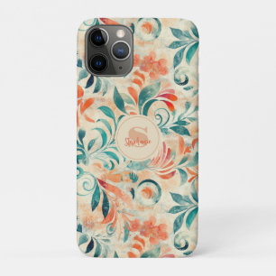 Rustic Blue Leaves and Red-Orange Floral Pattern iPhone 11 Pro Case