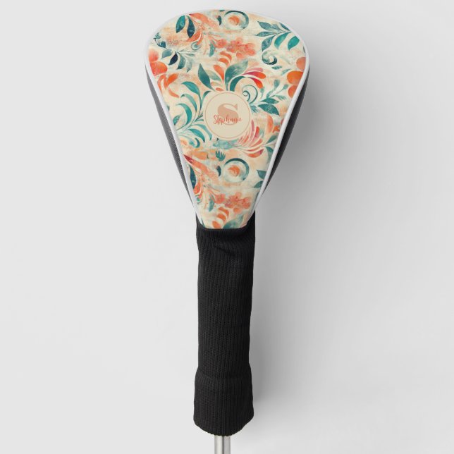 Rustic Blue Leaves and Red-Orange Floral Pattern Golf Head Cover (Front)