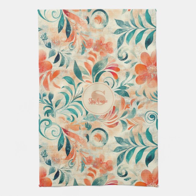 Rustic Blue Leaves and Red-Orange Floral Pattern Kitchen Towel (Vertical)