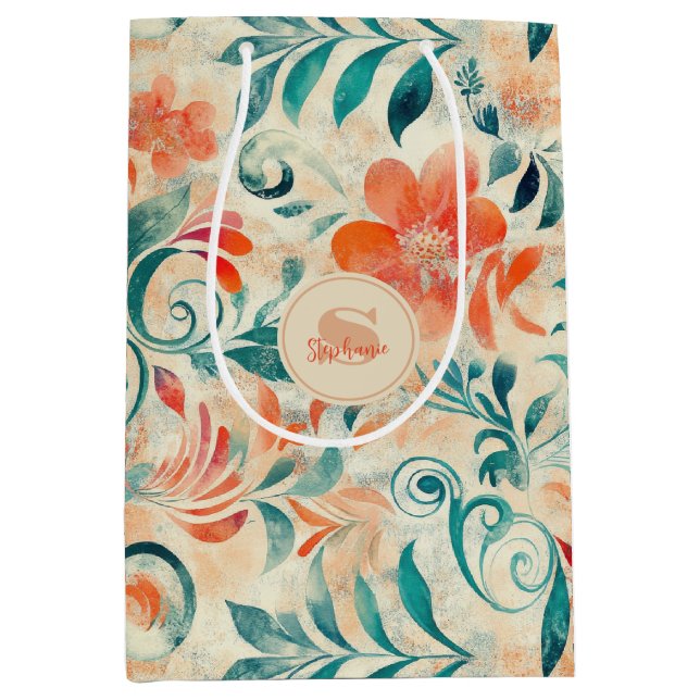 Rustic Blue Leaves and Red-Orange Floral Pattern Medium Gift Bag (Front)