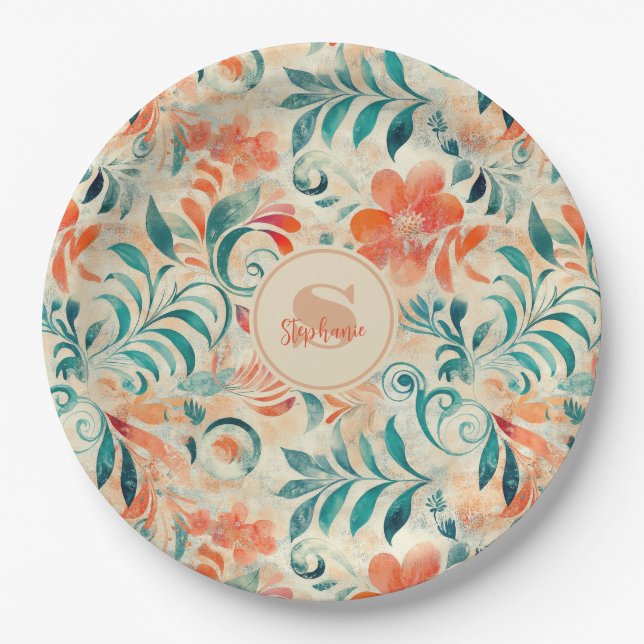 Rustic Blue Leaves and Red-Orange Floral Pattern Paper Plate (Front)