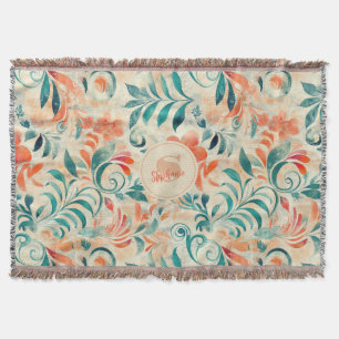 Rustic Blue Leaves and Red-Orange Floral Pattern Throw Blanket
