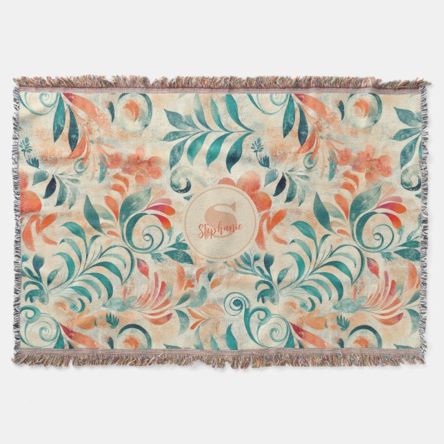 Rustic Blue Leaves and Red-Orange Floral Pattern Throw Blanket (Front)
