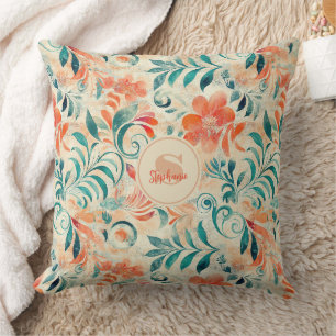 Rustic Blue Leaves and Red-Orange Floral Pattern Throw Pillow
