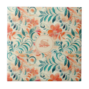 Rustic Blue Leaves and Red-Orange Floral Pattern Tile