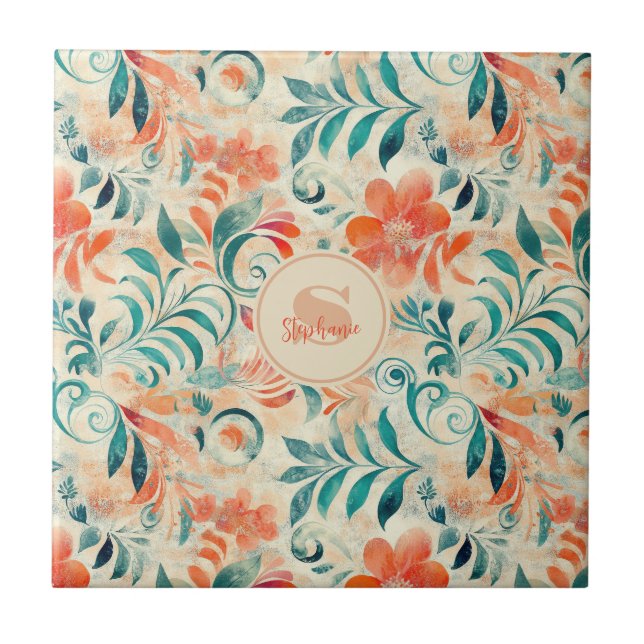 Rustic Blue Leaves and Red-Orange Floral Pattern Tile (Front)