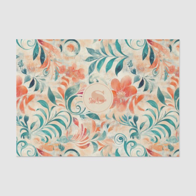 Rustic Blue Leaves and Red-Orange Floral Pattern Tissue Paper (Front)