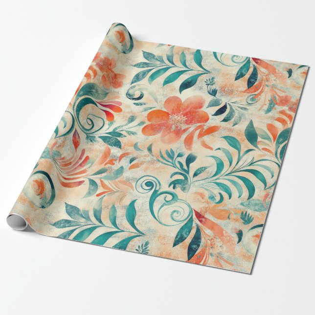 Rustic Blue Leaves and Red-Orange Floral Pattern Wrapping Paper (Unrolled)
