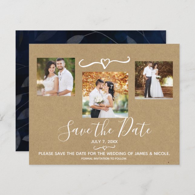 Rustic Blue Leaves Wedding Photo Save the Date (Front/Back)