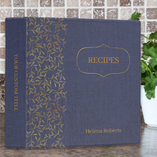 Rustic Blue Linen and Elegant Gold Leaf Recipe Binder