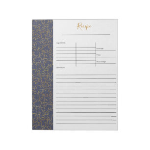 Rustic Blue Linen and Gold Leaf Blank Recipe Notepad