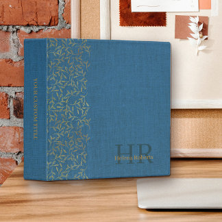 Rustic Blue Linen Elegant Gold Leaf Monogrammed Binder