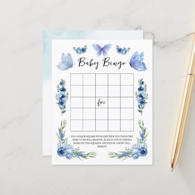 Rustic Blue Little Butterfly Baby Bingo Game (Front/Back In Situ)