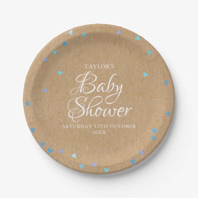 Rustic Blue Love Hearts Baby Boy Shower / Sprinkle Paper Plate (Front)