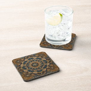 Rustic Blue Mandala Stone Coaster   Vintage Boho D