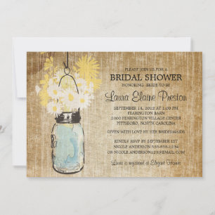 Rustic Blue Mason Jar and Wildflower Daisies Invitation
