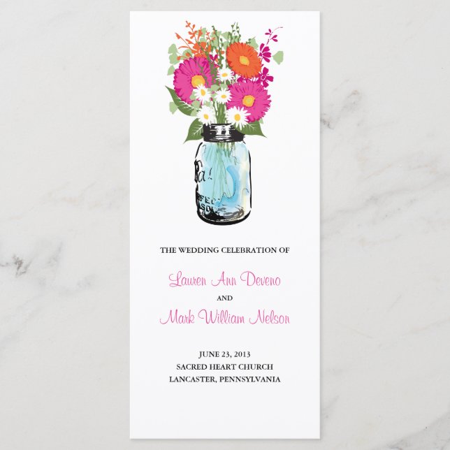 Rustic Blue Mason Jar Gerber Daisies Program (Front)