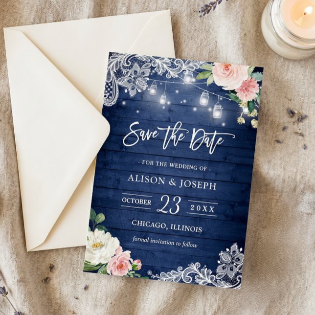 Rustic Blue Mason Jar Lights Floral Save the Date Invitation (Creator Uploaded)