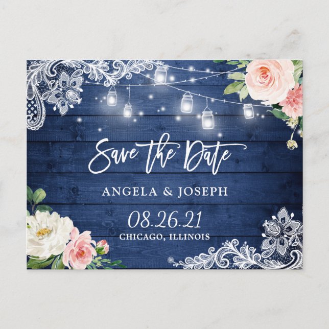 Rustic Blue Mason Jar Lights Wedding Save the Date Invitation Postcard (Front)