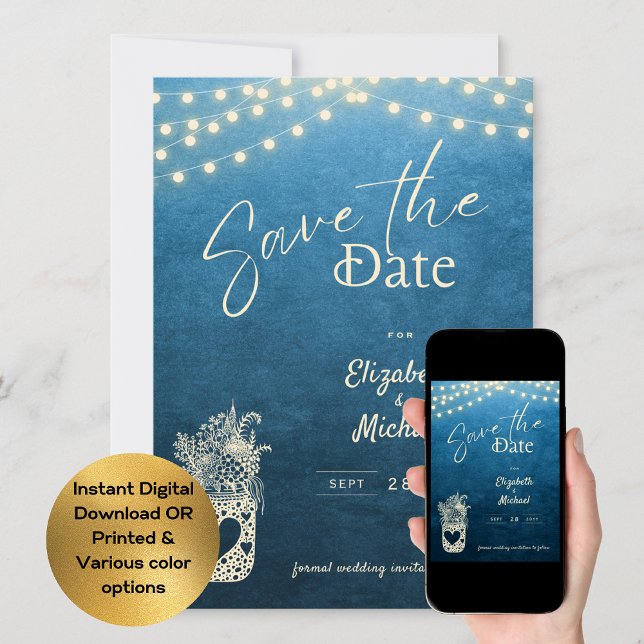 Rustic Blue Mason Jar Save the Date Digital Print Invitation (Creator Uploaded)
