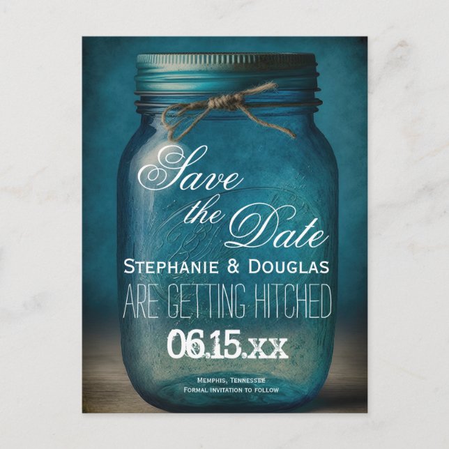Rustic Blue Mason Jar Save the Date Wedding Announcement Postcard (Front)
