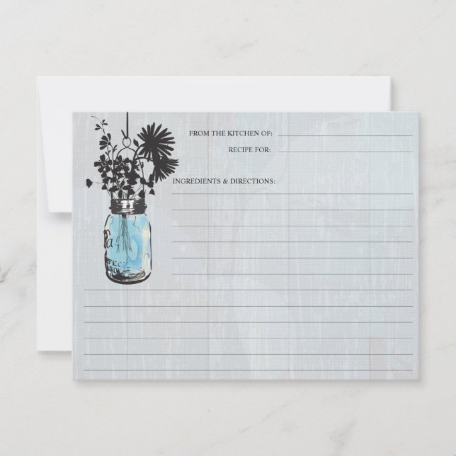 Rustic Blue Mason Jar & Wildflowers Recipe Card (Front)
