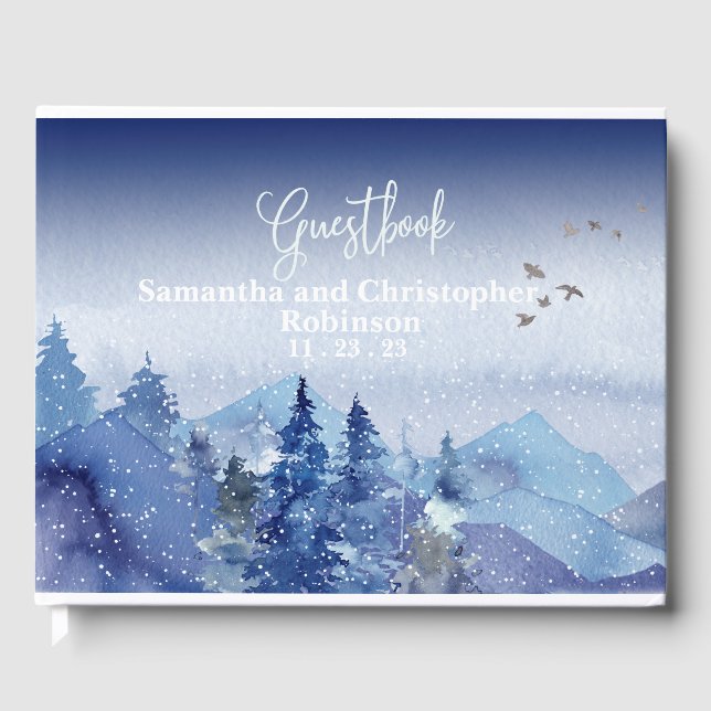 Rustic Blue Misty Pine Forest Wedding  Guest Book (Front)