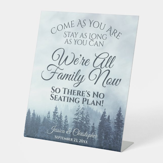 Rustic Blue Mountain Forest Open Seating Wedding Pedestal Sign (Front)
