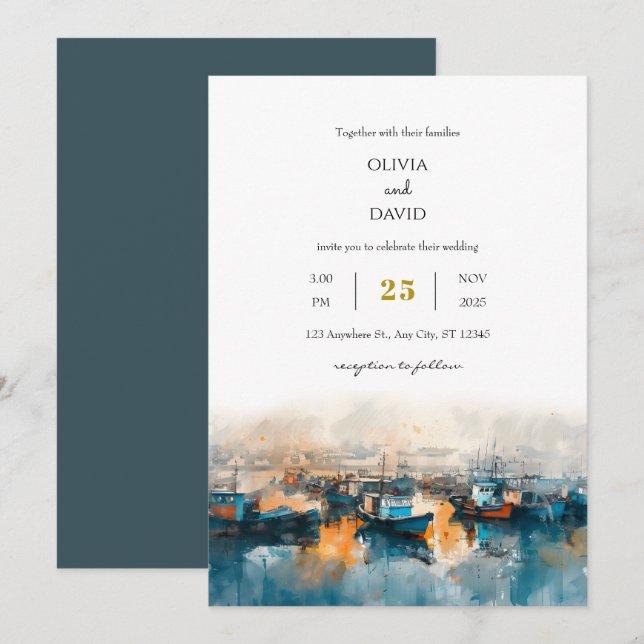 Rustic Blue Nautical Harbour Dawn Art Beach Weddin Invitation (Front/Back)