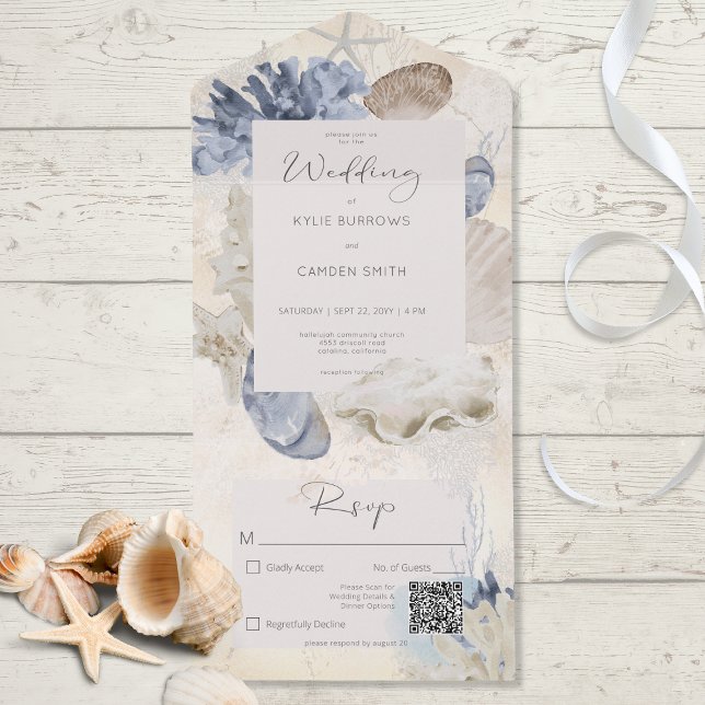 Rustic Blue Ocean Beach Cream QR Code All In One Invitation (Also available without a QR code, with or without dinner selection options.)