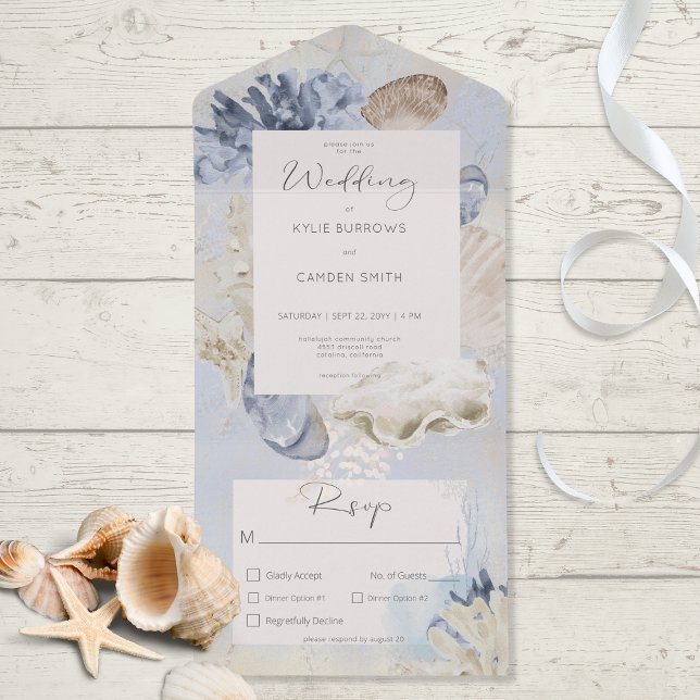 Rustic Blue Ocean Beach Dinner All In One Invitation (Also available with a QR code or without dinner selection options.)