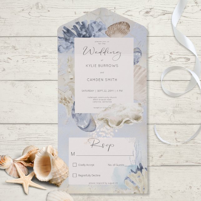Rustic Blue Ocean Beach No Dinner All In One Invitation (Also available with a QR code or with dinner selection options.)