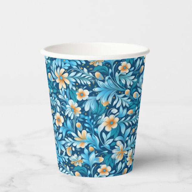 Rustic blue orange floral paper cups (Front)