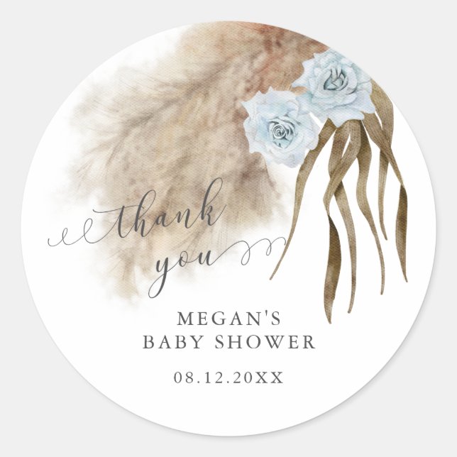 Rustic Blue Pampas Grass Baby Shower   Classic Round Sticker (Front)