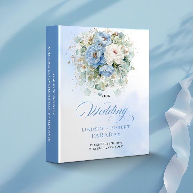Rustic Blue Peonies Eucalyptus Gold Wedding Memory Binder (Rustic Blue Peonies Eucalyptus Wedding Memory Binder)