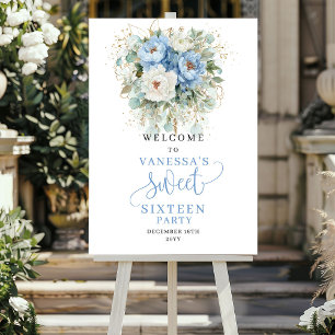 Rustic Blue Peonies Greenery Sweet Sixteen Welcome Poster