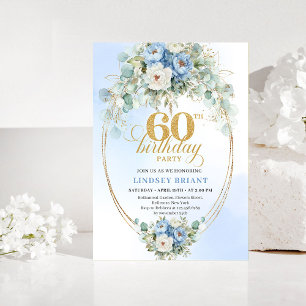 Rustic Blue Peony Gold 60th Birthday Invitation