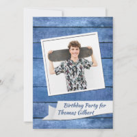 Rustic Blue Photo Birthday Party Invitation